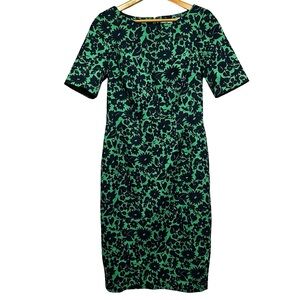 Boden Green Blue Floral Sheath Dress 8L Short Sleeve Midi Work Dress Knit Cotton